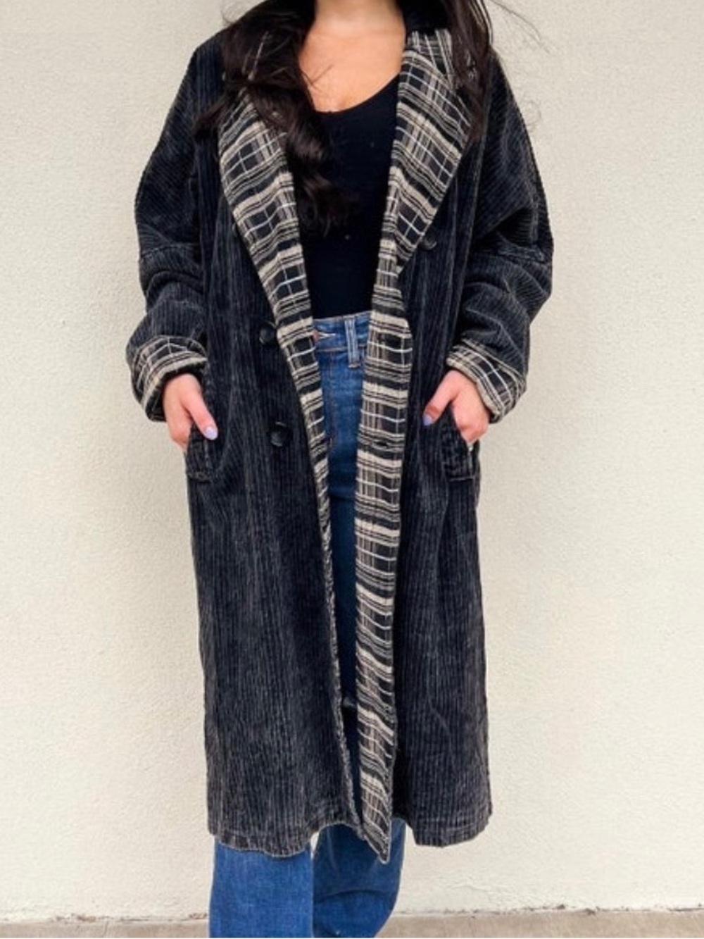 Oli & Hali Black Corduroy Trench Coat with Plaid Trim